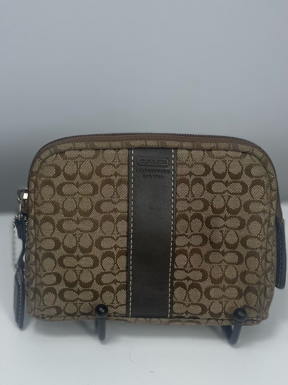 Coach Signature Canvas Cosmetic Case in Brown with Dark Brown Leather Stripe